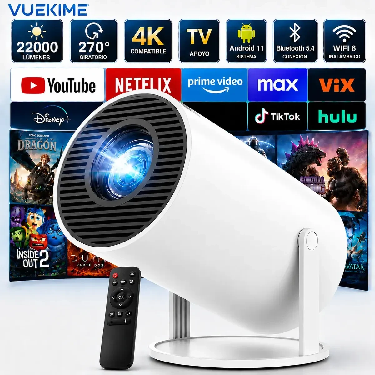 Mini Proyector VUEKIME HY300PRO Smart Android Full HD 1080p y WiFi 6 Con Bluetooth